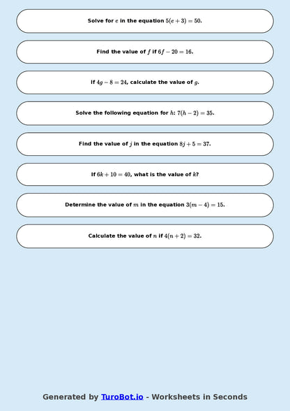Math - Easy Multi-Step Equations Exercise 3 - Year 7 - Exercise 3