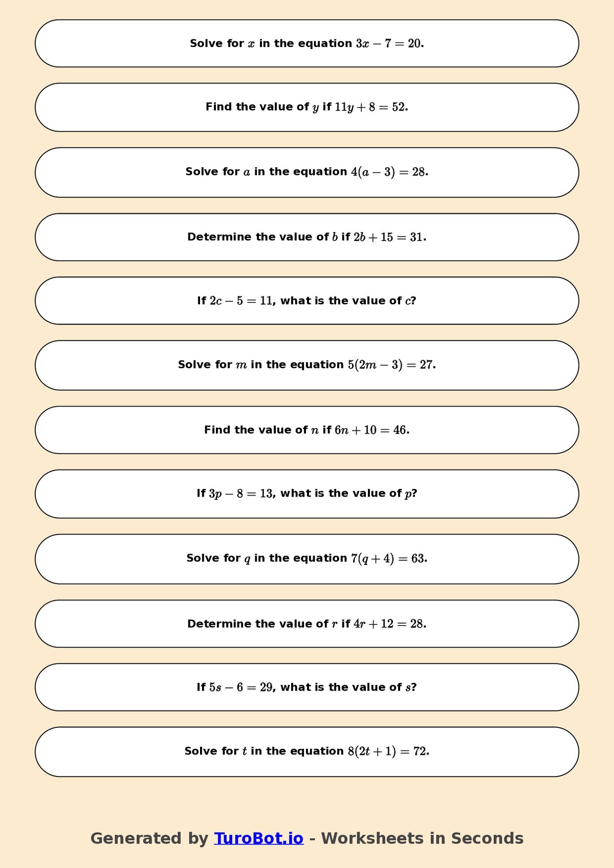 Math - Easy Multi-Step Equations Exercise 4 - Year 7 - Exercise 4