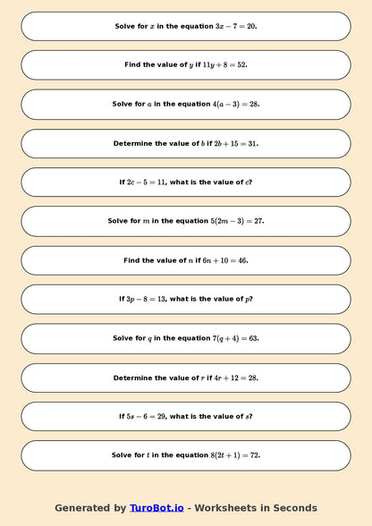 Math - Easy Multi-Step Equations Exercise 4 - Year 7 - Exercise 4