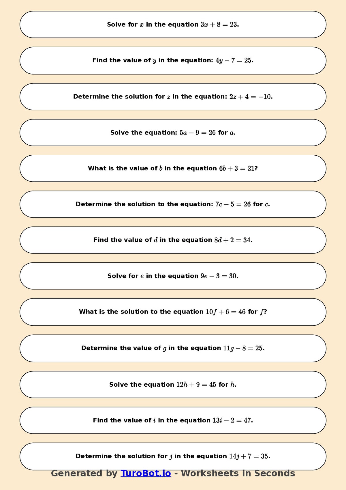 Math - Easy One-Step Equations Exercise 1 - Year 7 - Exercise 1