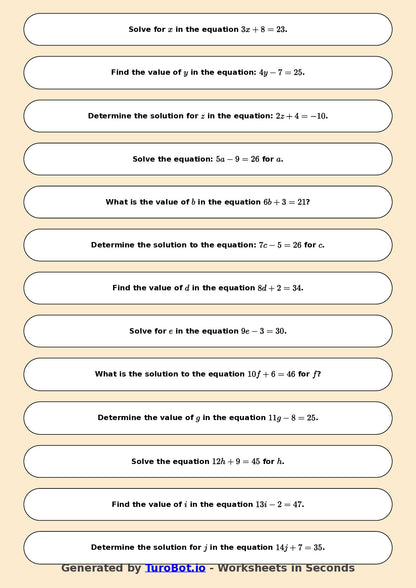 Math - Easy One-Step Equations Exercise 1 - Year 7 - Exercise 1
