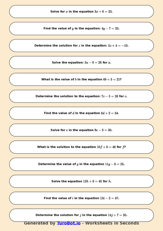 Math - Easy One-Step Equations Exercise 1 - Year 7 - Exercise 1