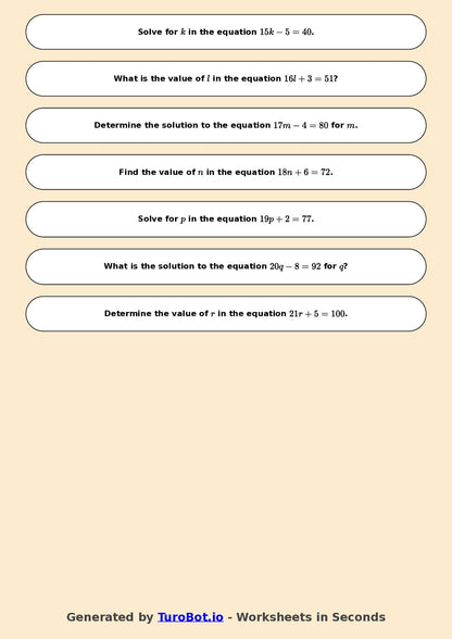 Math - Easy One-Step Equations Exercise 1 - Year 7 - Exercise 1