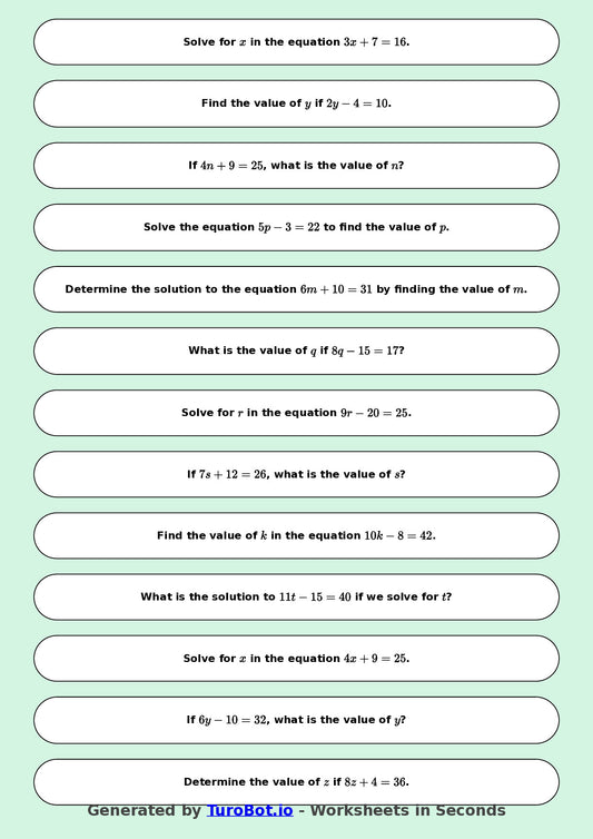 Math - Easy One-Step Equations Exercise 2 - Year 7 - Exercise 2