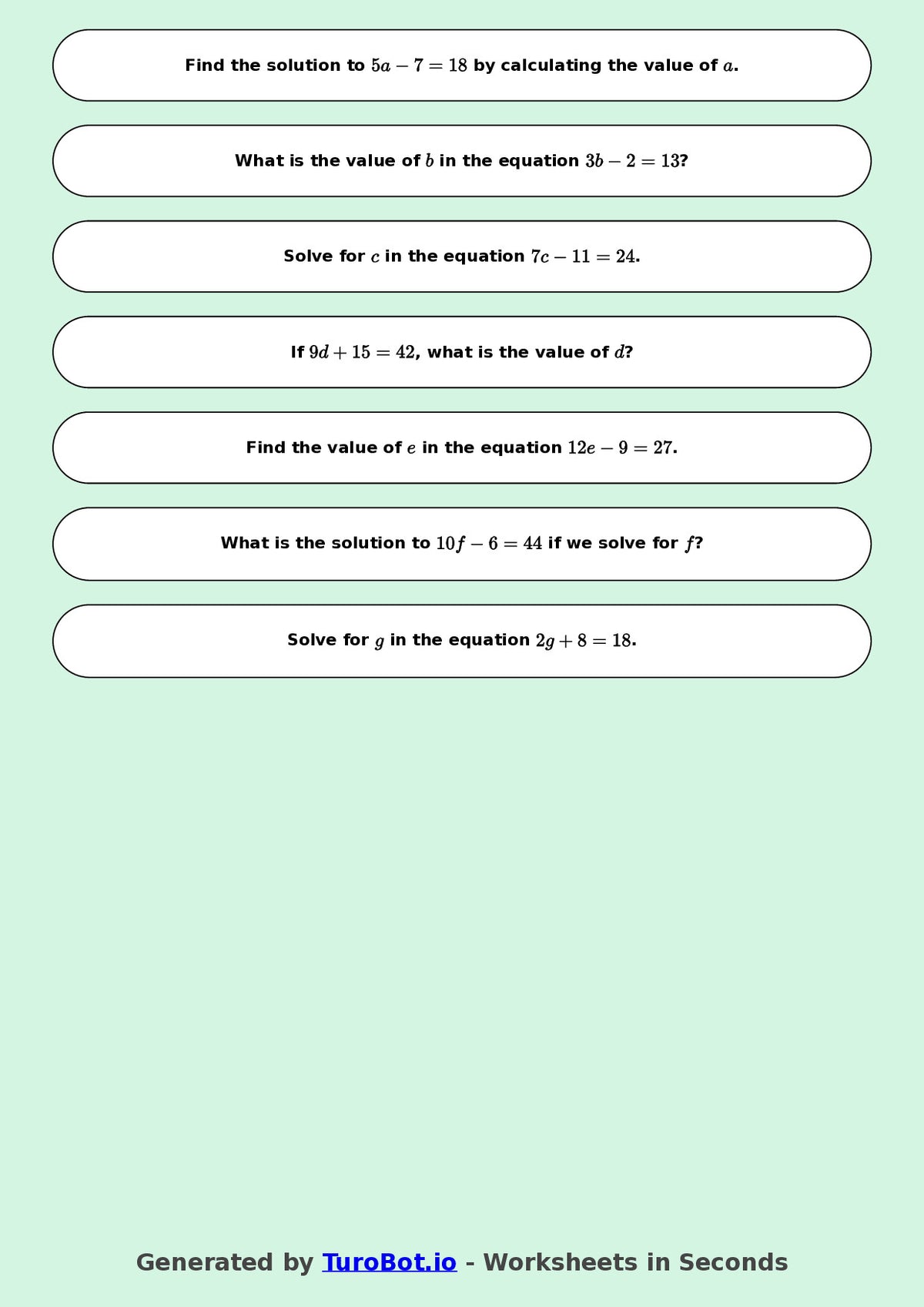 Math - Easy One-Step Equations Exercise 2 - Year 7 - Exercise 2
