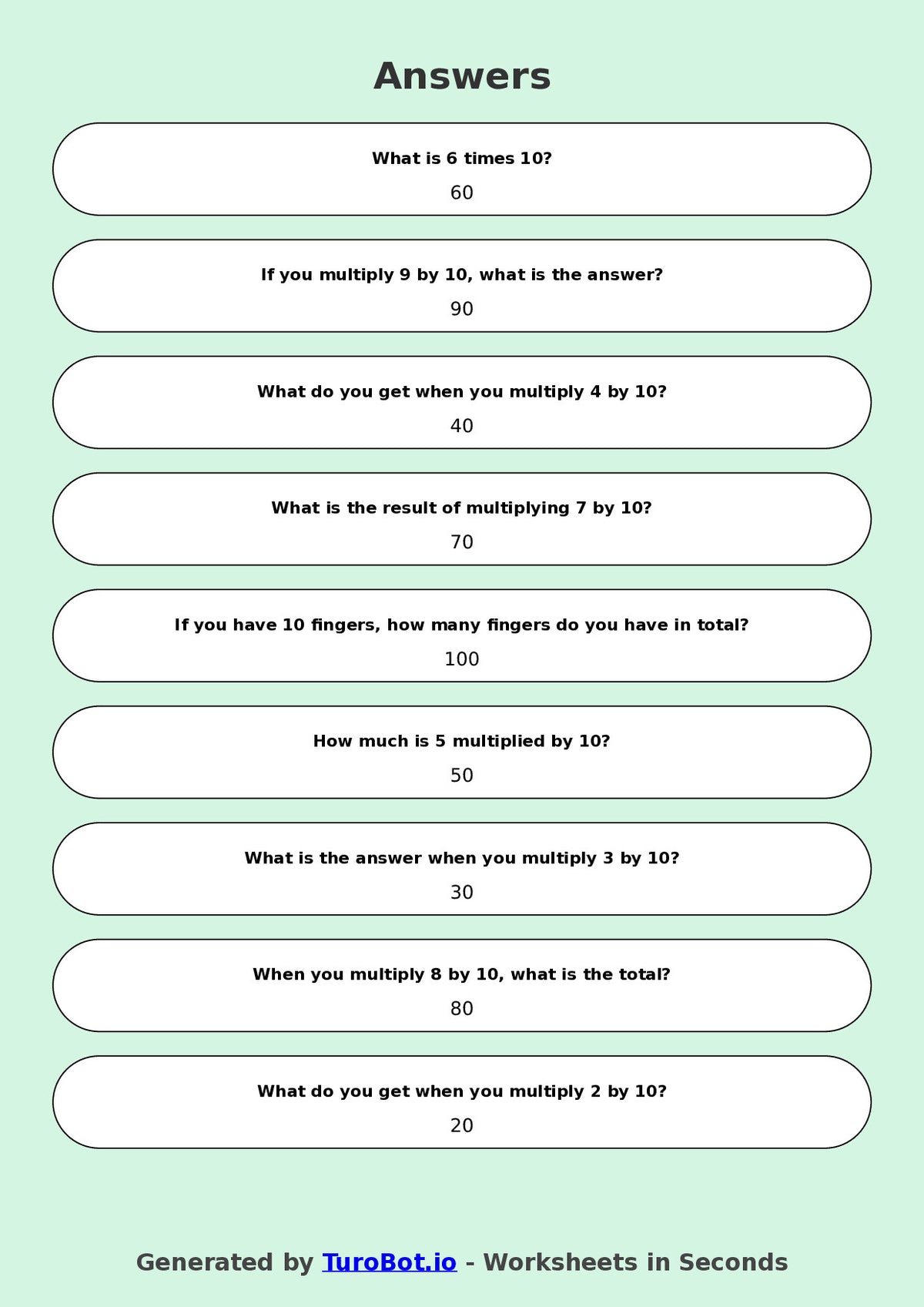 Math - Multiplication - Year 3 - Multiply by 10