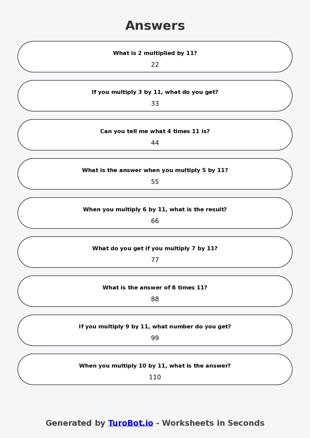 Math - Multiplication - Year 3 - Multiply by 11