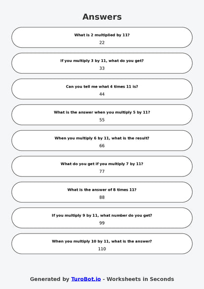 Math - Multiplication - Year 3 - Multiply by 11