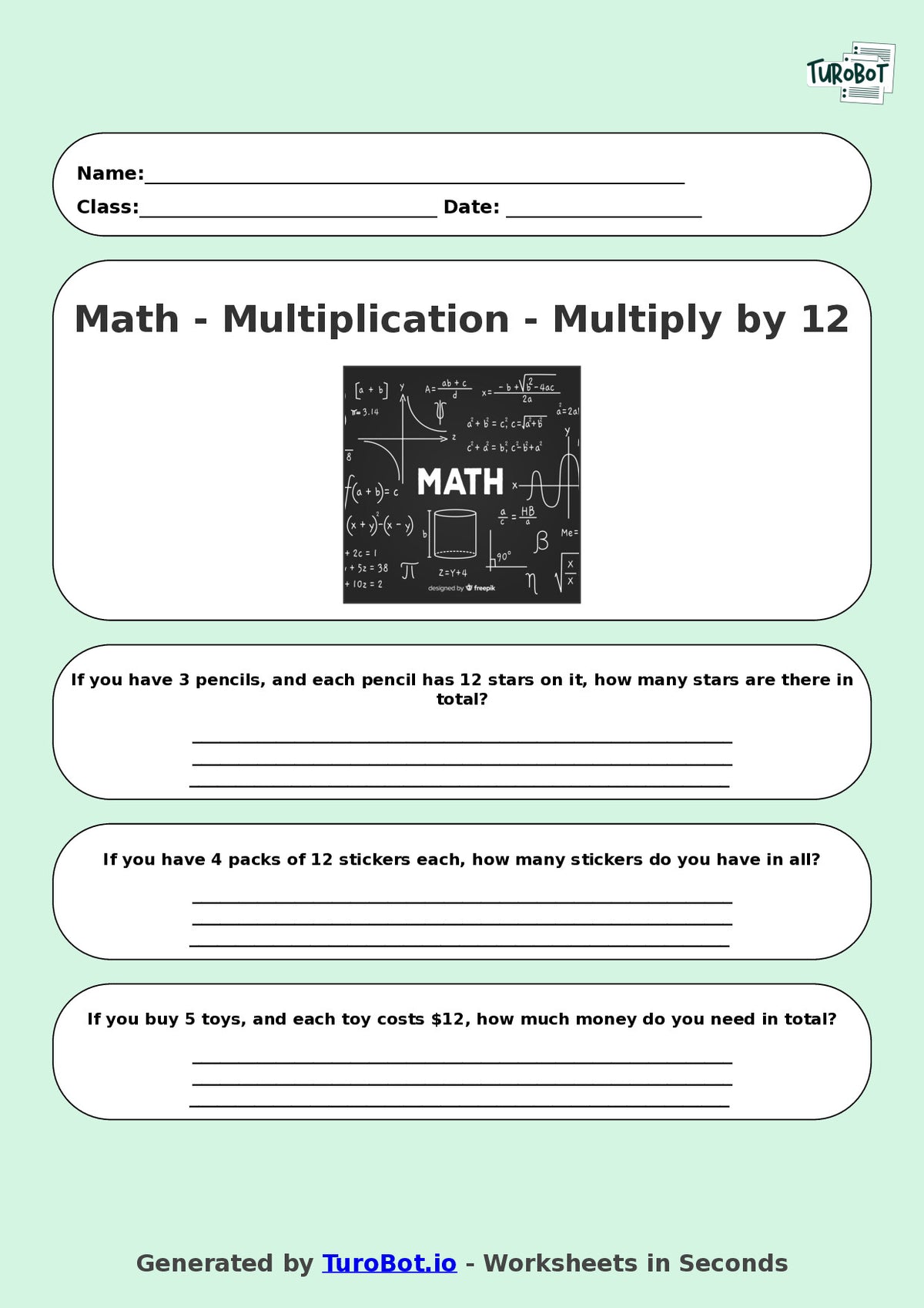 Math - Multiplication - Year 3 - Multiply by 12