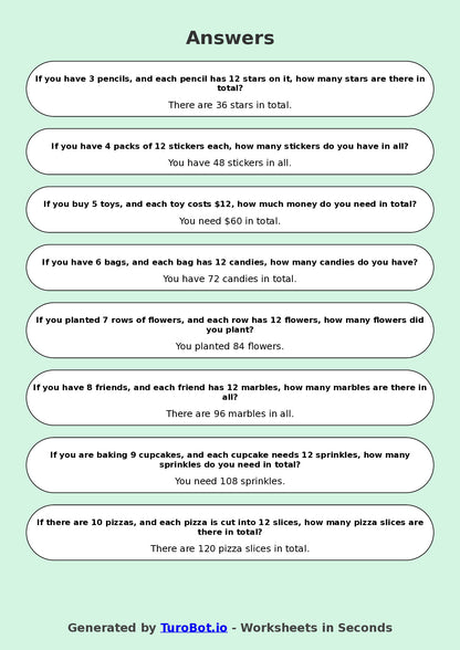 Math - Multiplication - Year 3 - Multiply by 12