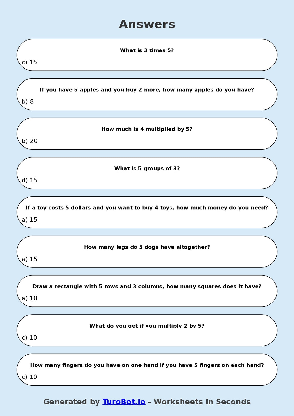 Math - Multiplication - Year 3 - Multiply by 5