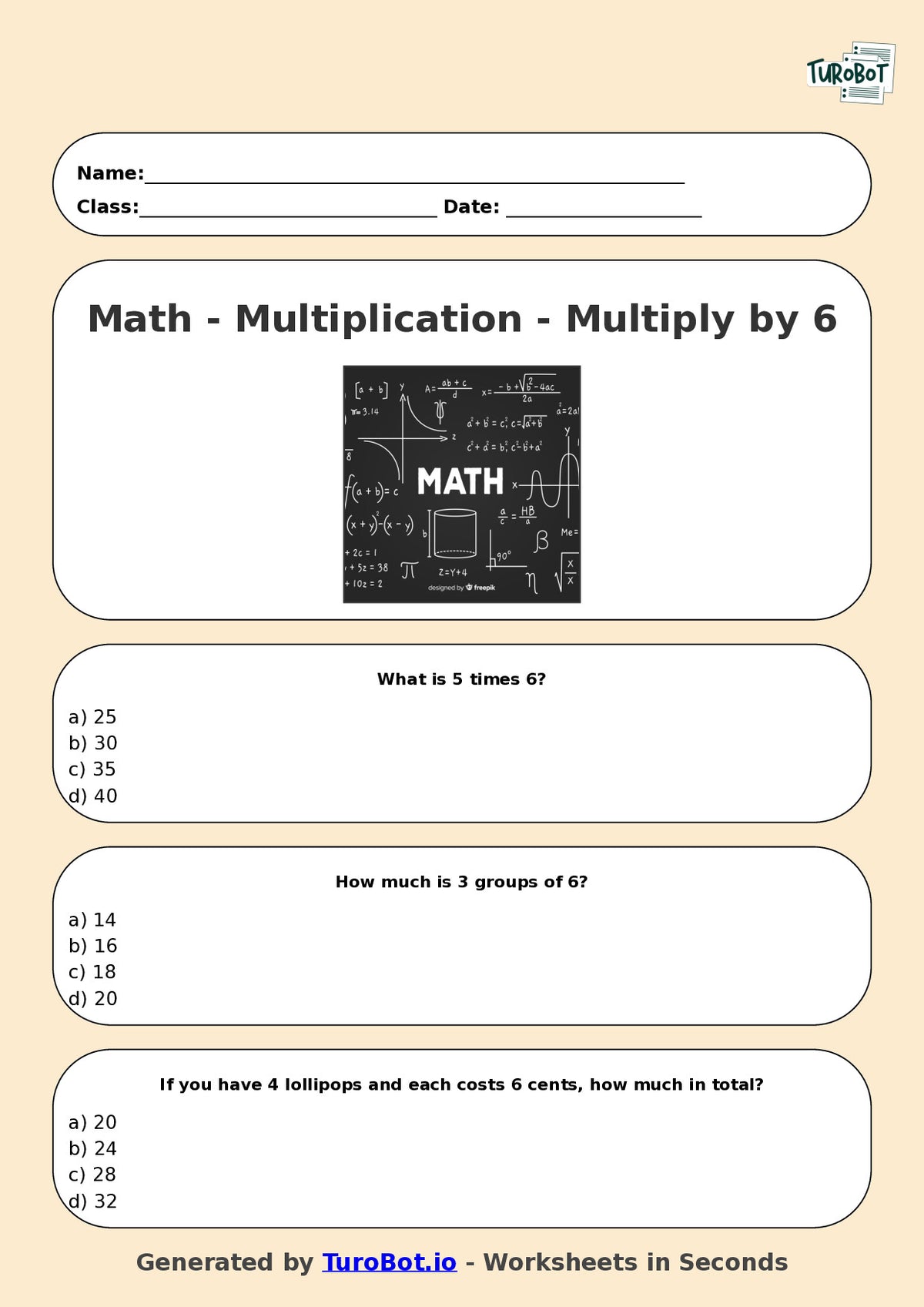 Math - Multiplication - Year 3 - Multiply by 6