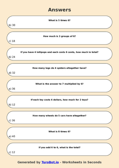 Math - Multiplication - Year 3 - Multiply by 6