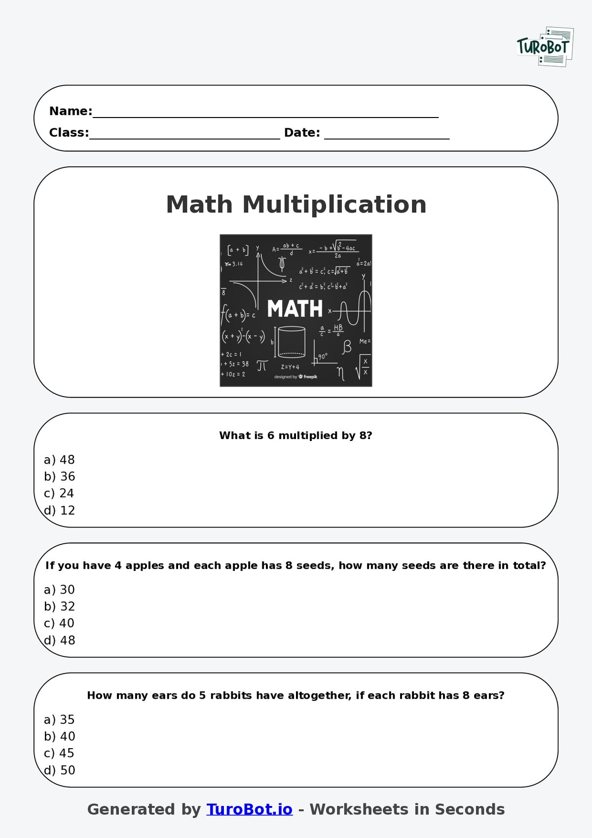 Math - Multiplication - Year 3 - Multiply by 8