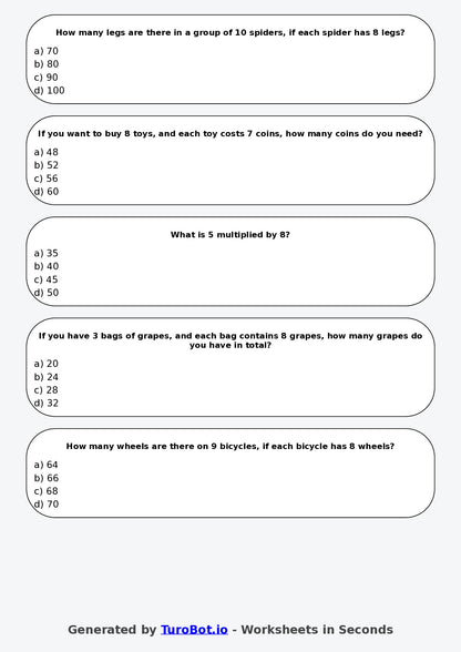 Math - Multiplication - Year 3 - Multiply by 8