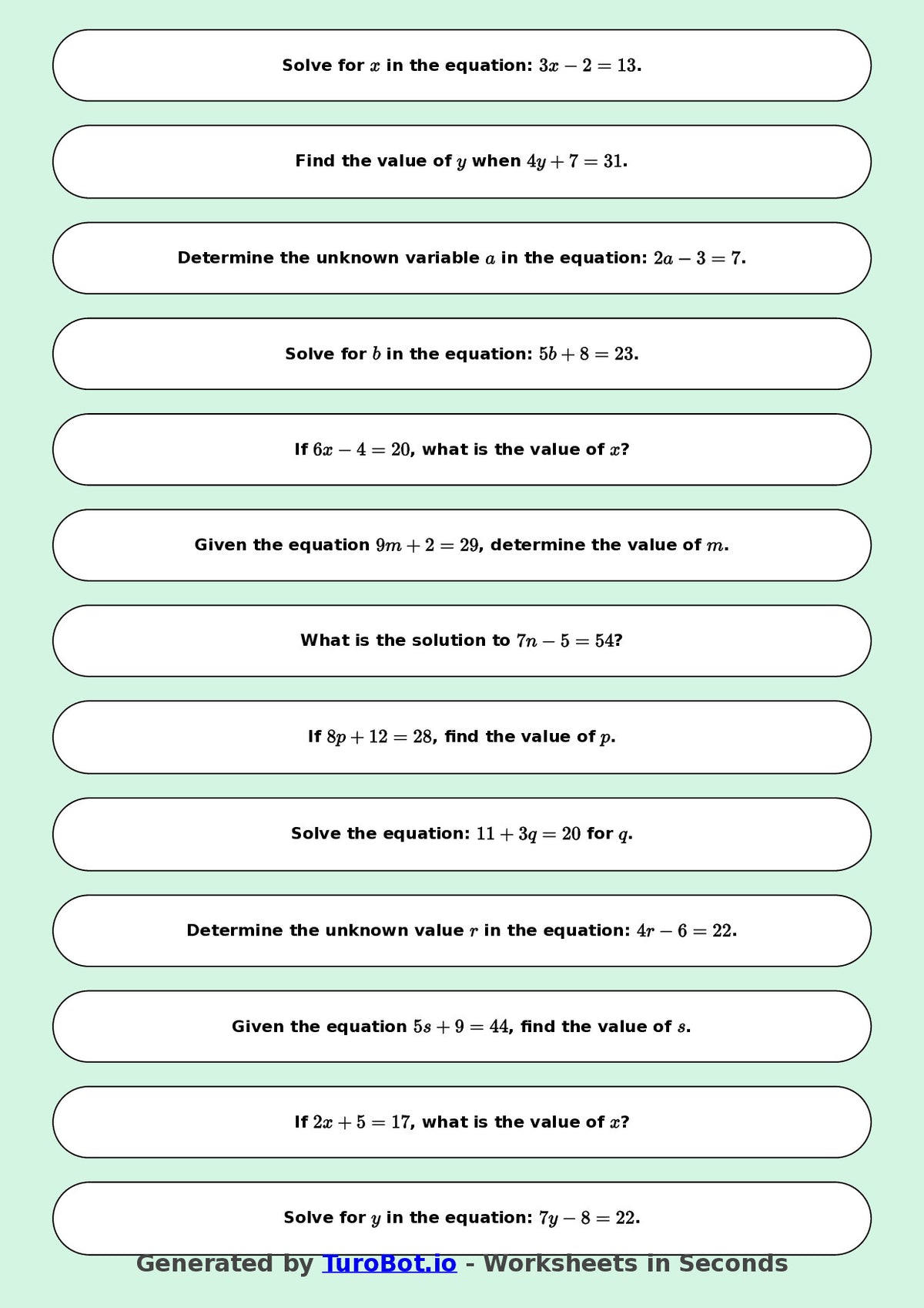 Math - One Step Equations Exercise 1 - Year 7 - Exercise 1