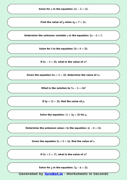 Math - One Step Equations Exercise 1 - Year 7 - Exercise 1