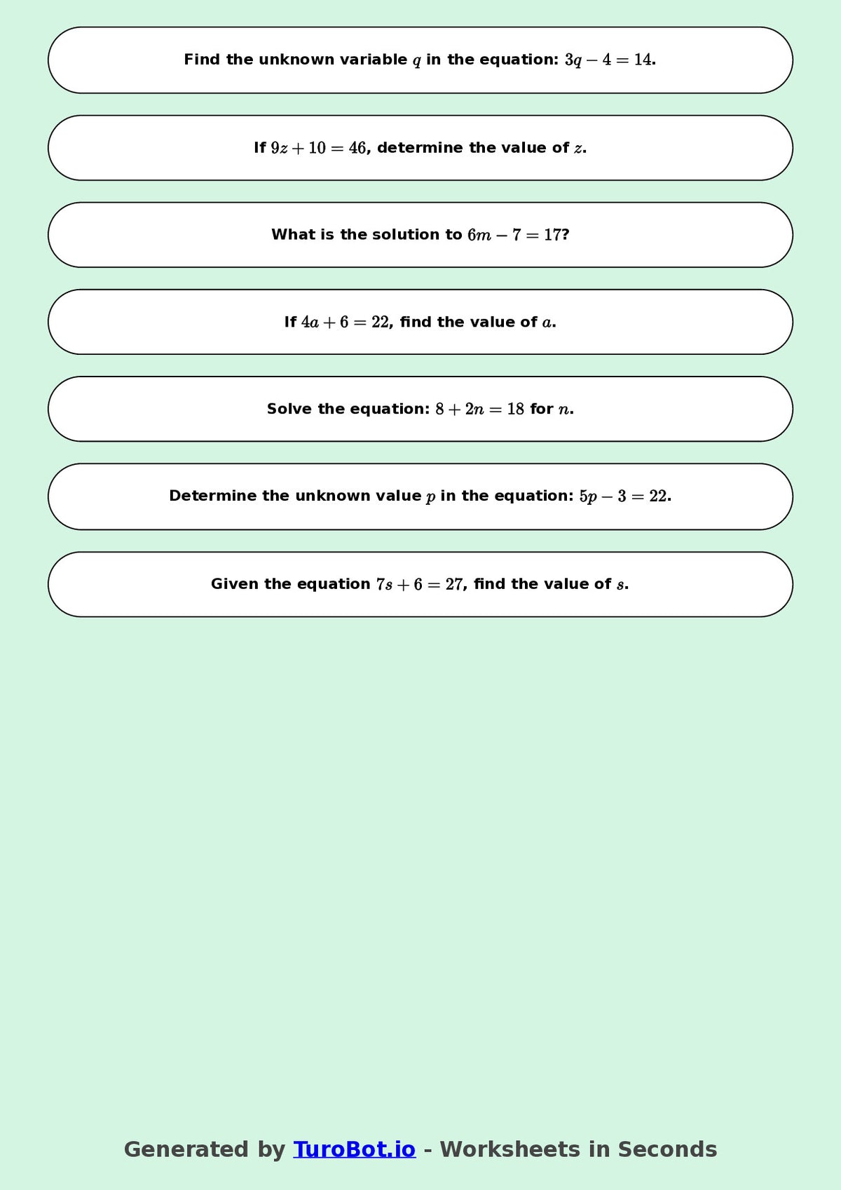Math - One Step Equations Exercise 1 - Year 7 - Exercise 1