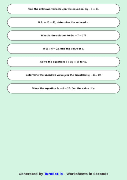 Math - One Step Equations Exercise 1 - Year 7 - Exercise 1