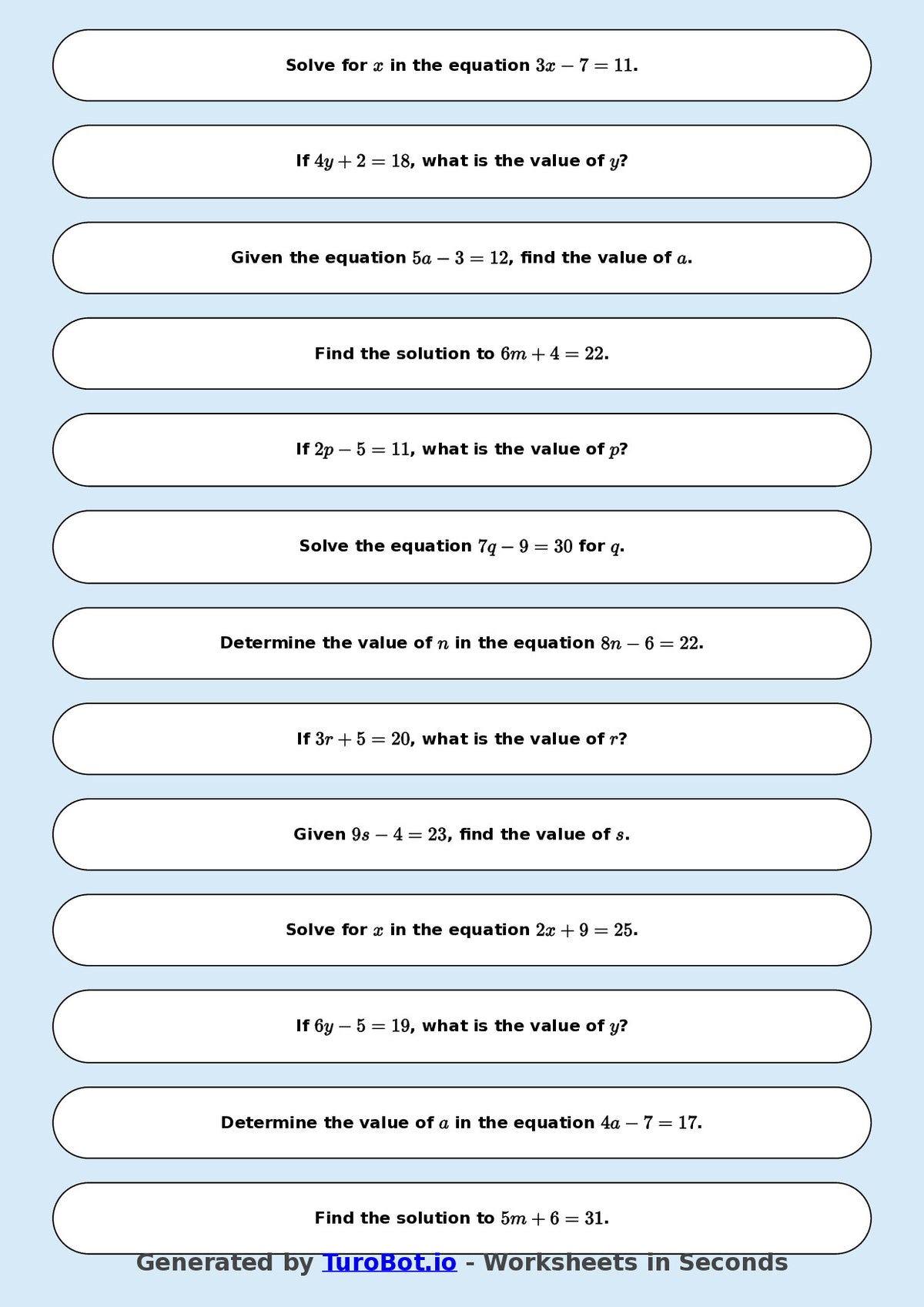 Math - One Step Equations Exercise 10 - Year 7 - Exercise 10