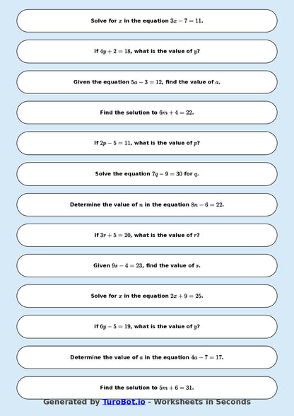 Math - One Step Equations Exercise 10 - Year 7 - Exercise 10