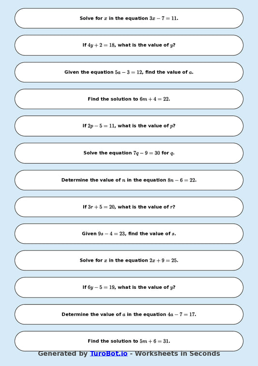 Math - One Step Equations Exercise 10 - Year 7 - Exercise 10