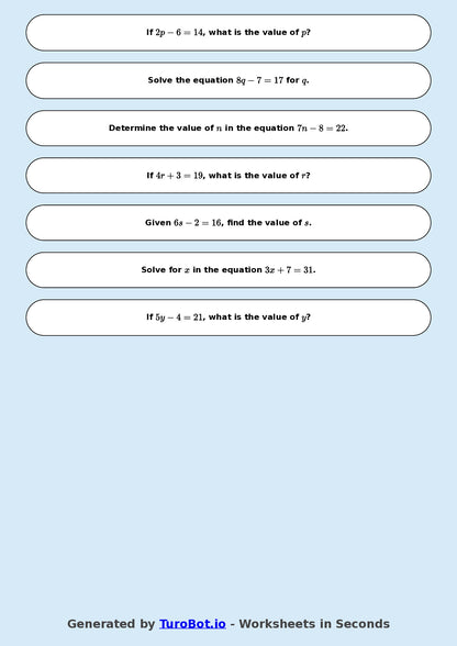 Math - One Step Equations Exercise 10 - Year 7 - Exercise 10