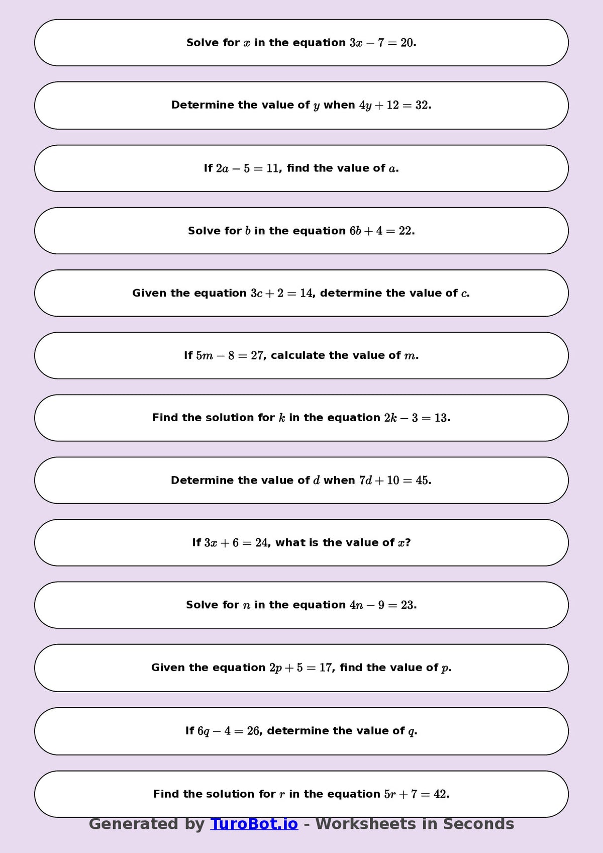 Math - One Step Equations Exercise 2 - Year 7 - Exercise 2