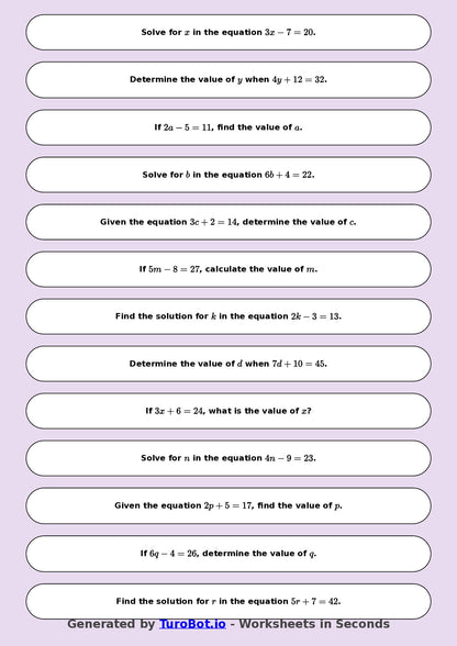 Math - One Step Equations Exercise 2 - Year 7 - Exercise 2