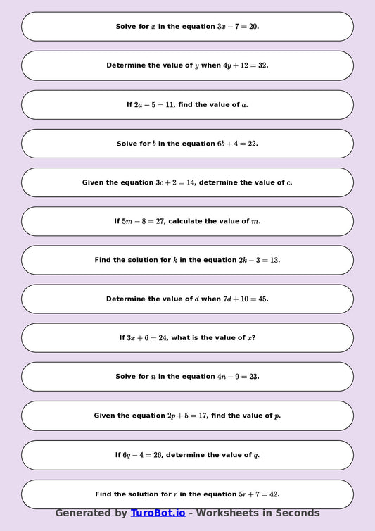 Math - One Step Equations Exercise 2 - Year 7 - Exercise 2