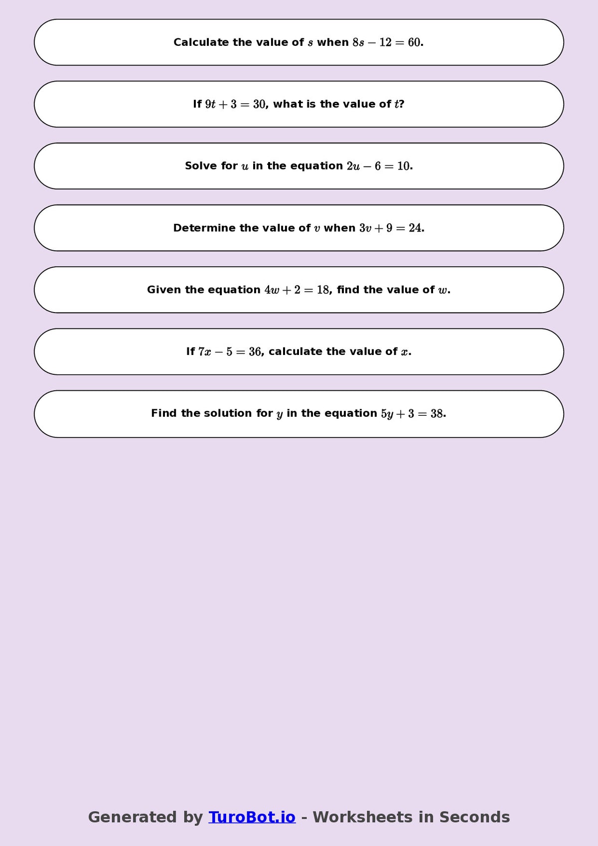 Math - One Step Equations Exercise 2 - Year 7 - Exercise 2