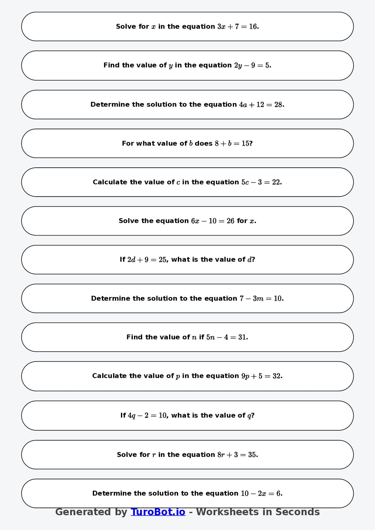 Math - One Step Equations Exercise 3 - Year 7 - Exercise 3