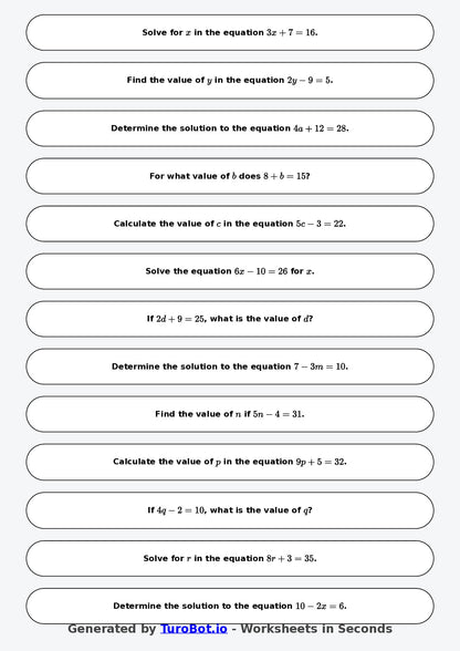 Math - One Step Equations Exercise 3 - Year 7 - Exercise 3
