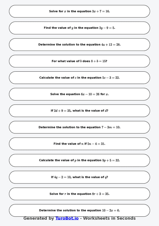 Math - One Step Equations Exercise 3 - Year 7 - Exercise 3