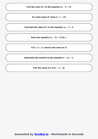 Math - One Step Equations Exercise 3 - Year 7 - Exercise 3