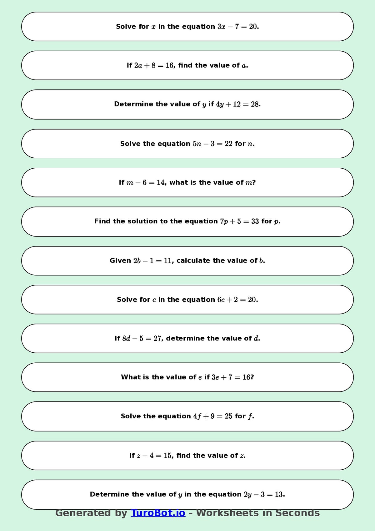Math - One Step Equations Exercise 4 - Year 7 - Exercise 4