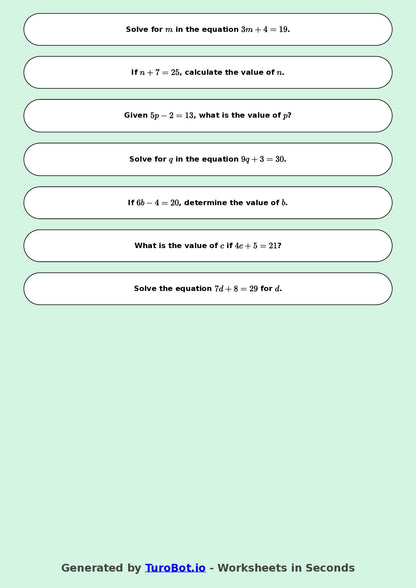 Math - One Step Equations Exercise 4 - Year 7 - Exercise 4