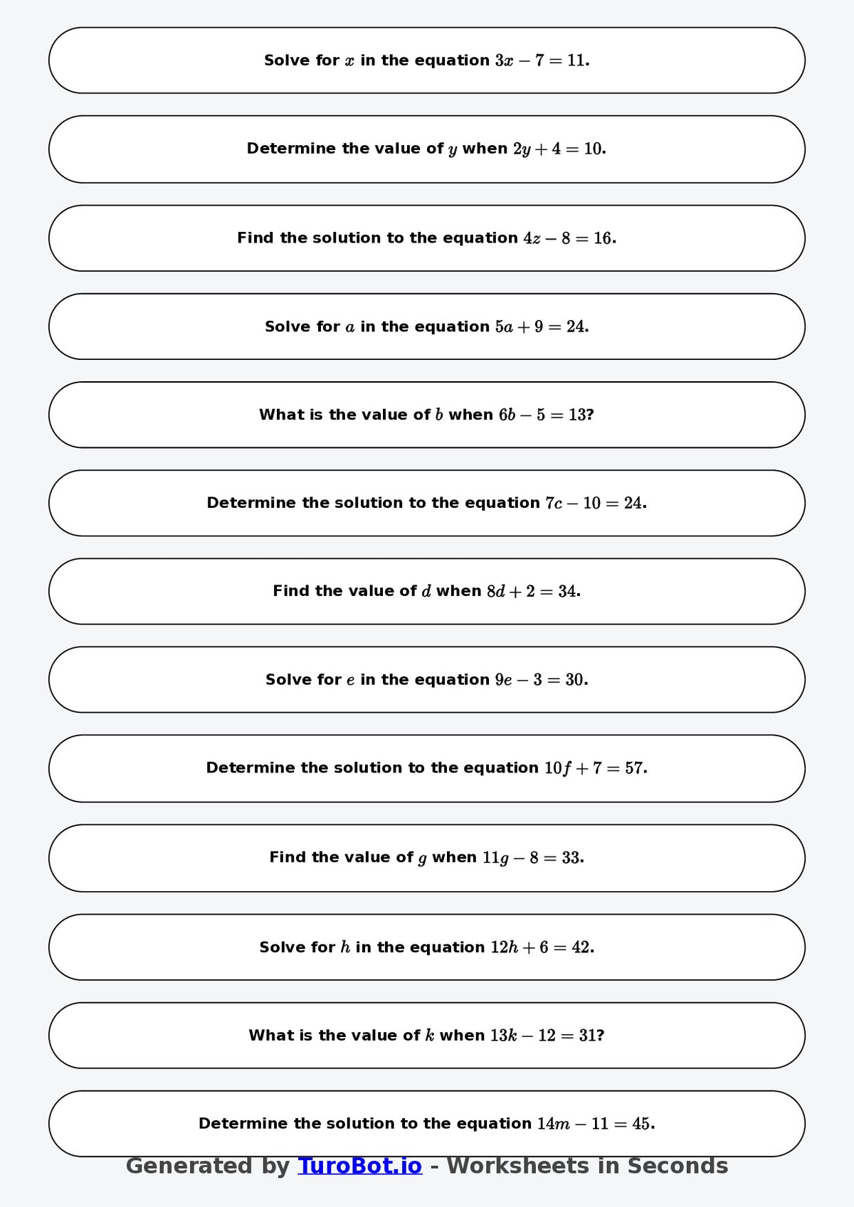 Math - One Step Equations Exercise 5 - Year 7 - Exercise 5