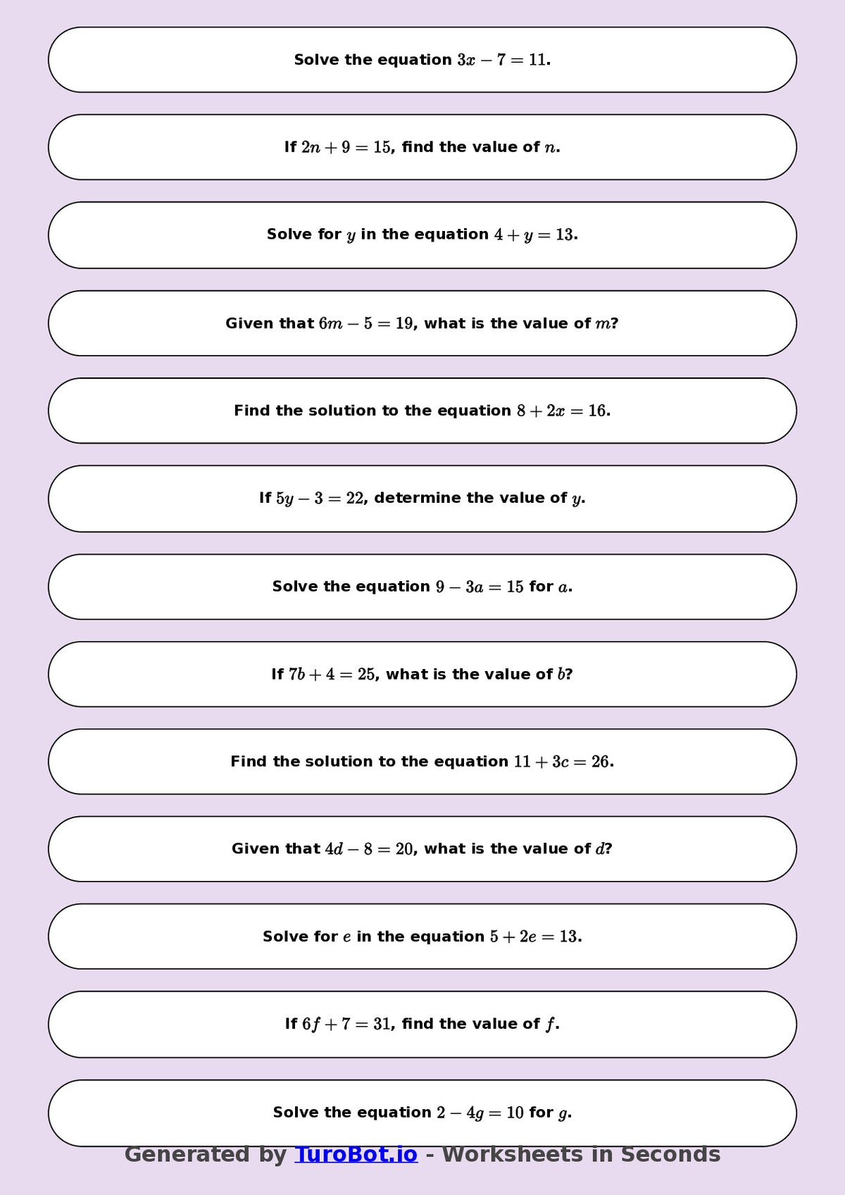 Math - One Step Equations Exercise 6 - Year 7 - Exercise 6