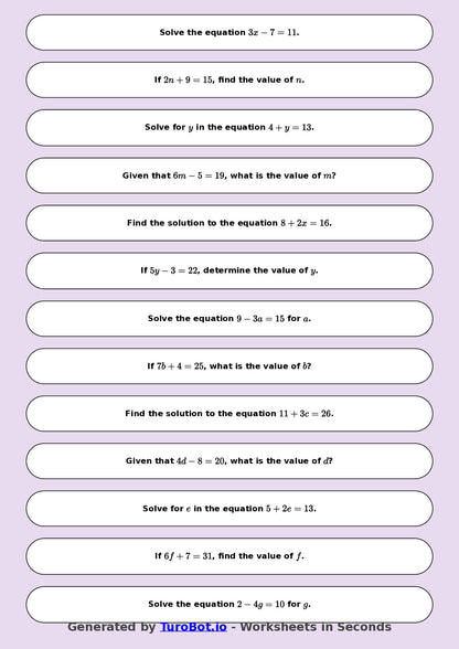 Math - One Step Equations Exercise 6 - Year 7 - Exercise 6