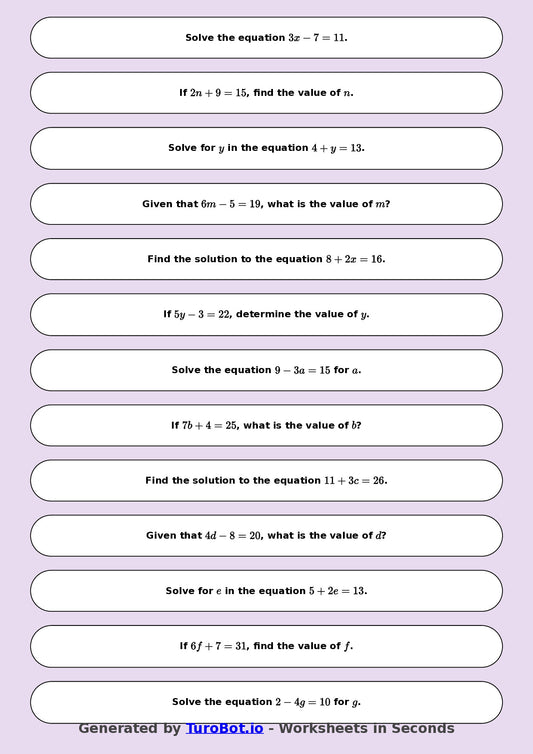 Math - One Step Equations Exercise 6 - Year 7 - Exercise 6