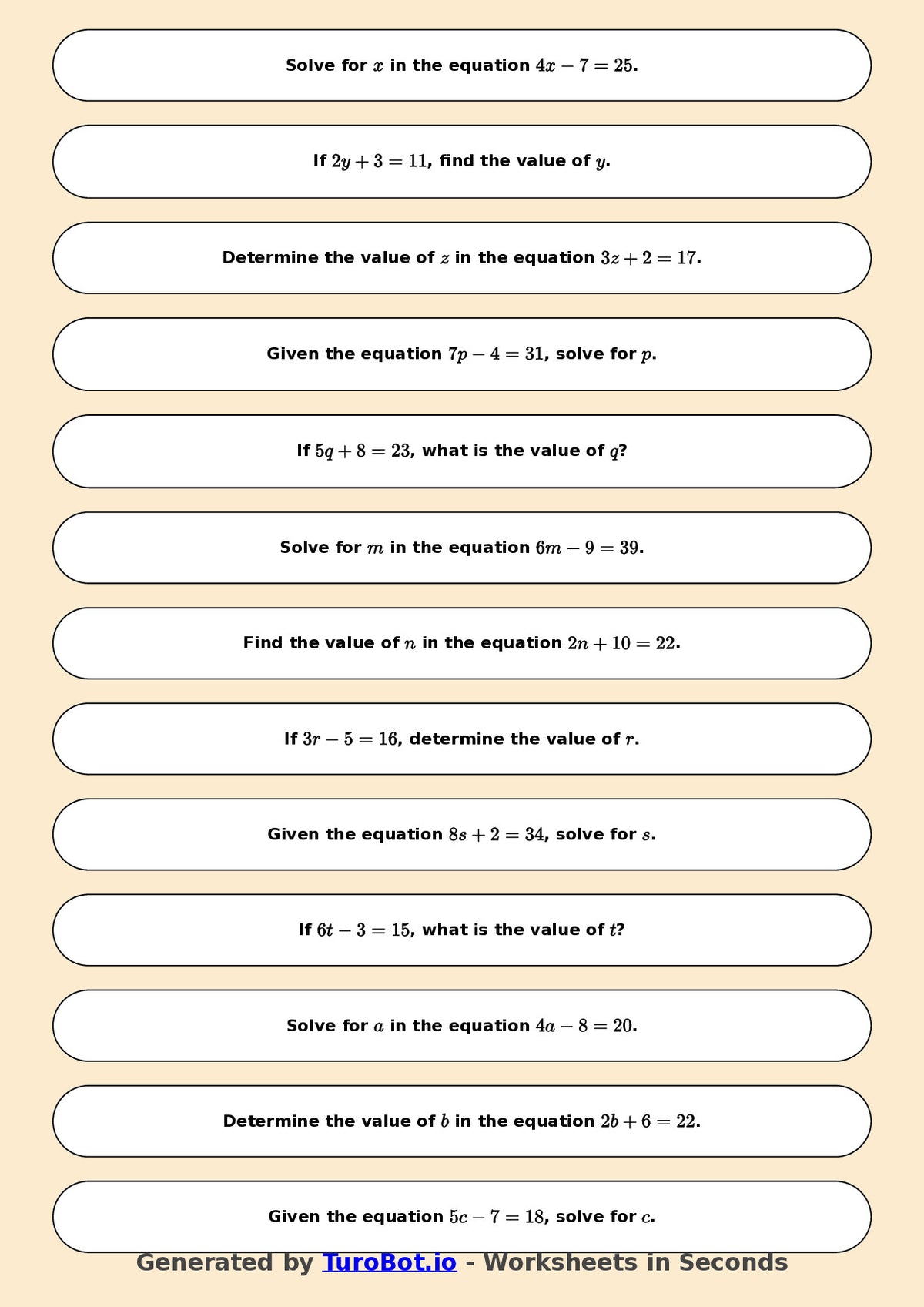 Math - One Step Equations Exercise 7 - Year 7 - Exercise 7