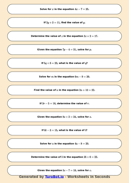 Math - One Step Equations Exercise 7 - Year 7 - Exercise 7