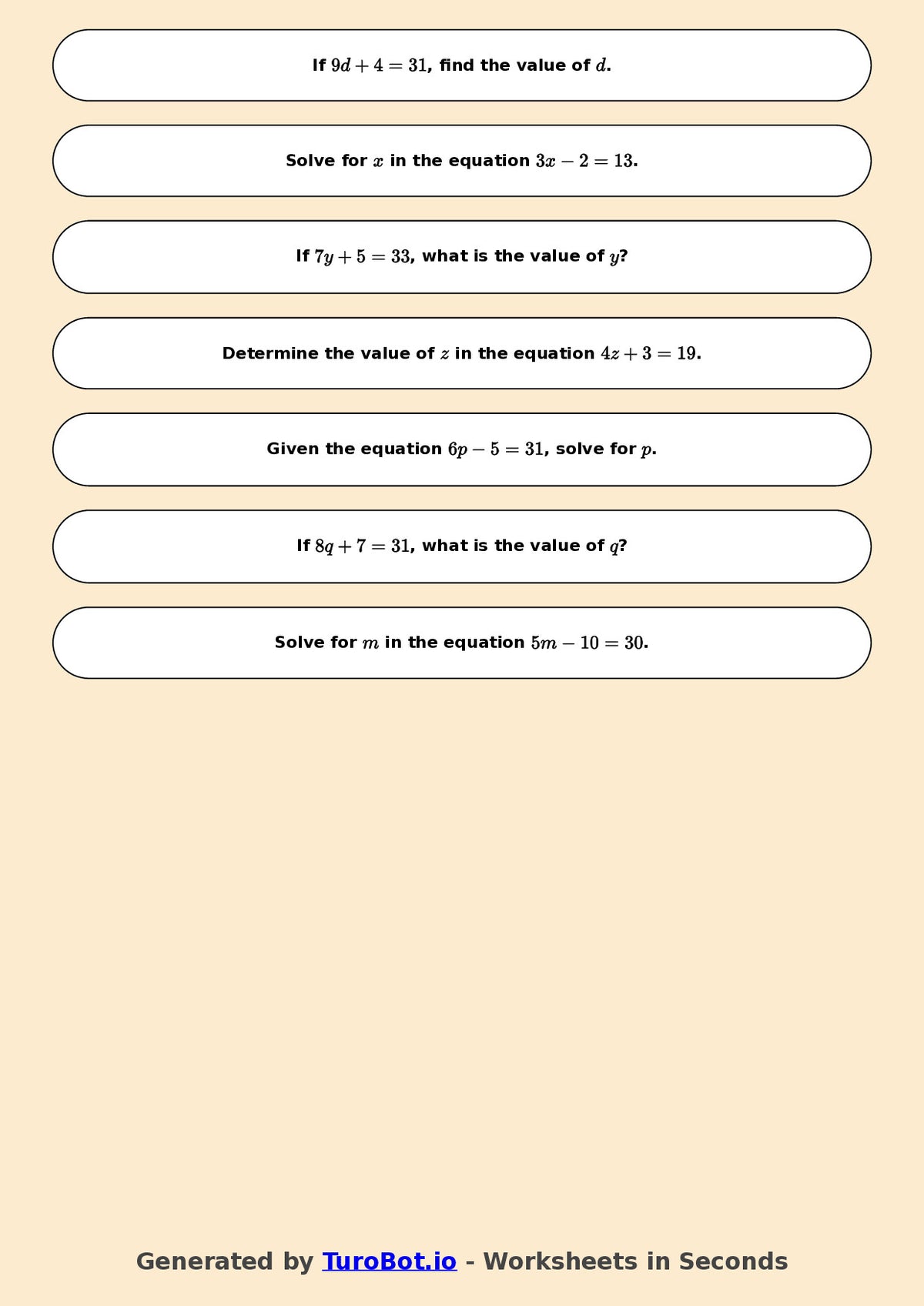Math - One Step Equations Exercise 7 - Year 7 - Exercise 7