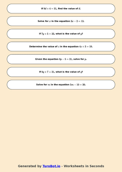 Math - One Step Equations Exercise 7 - Year 7 - Exercise 7