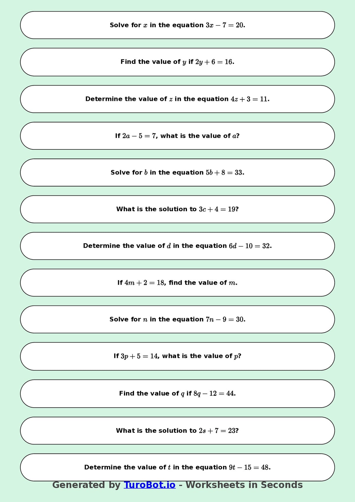 Math - One Step Equations Exercise 8 - Year 7 - Exercise 8