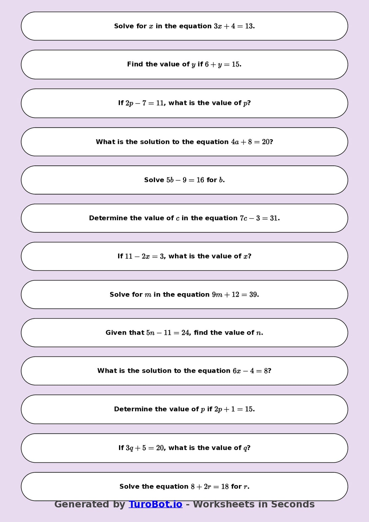 Math - One Step Equations Exercise 9 - Year 7 - Exercise 9