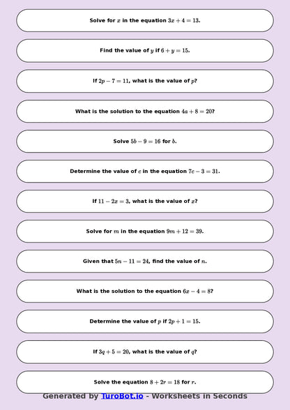 Math - One Step Equations Exercise 9 - Year 7 - Exercise 9