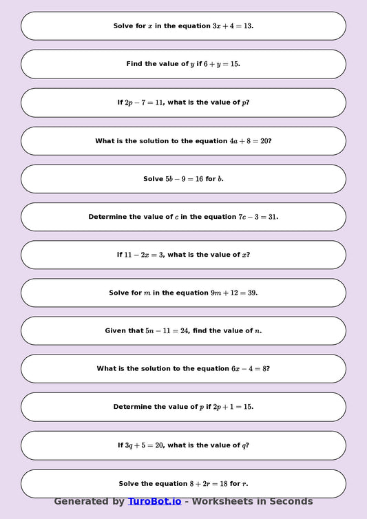 Math - One Step Equations Exercise 9 - Year 7 - Exercise 9