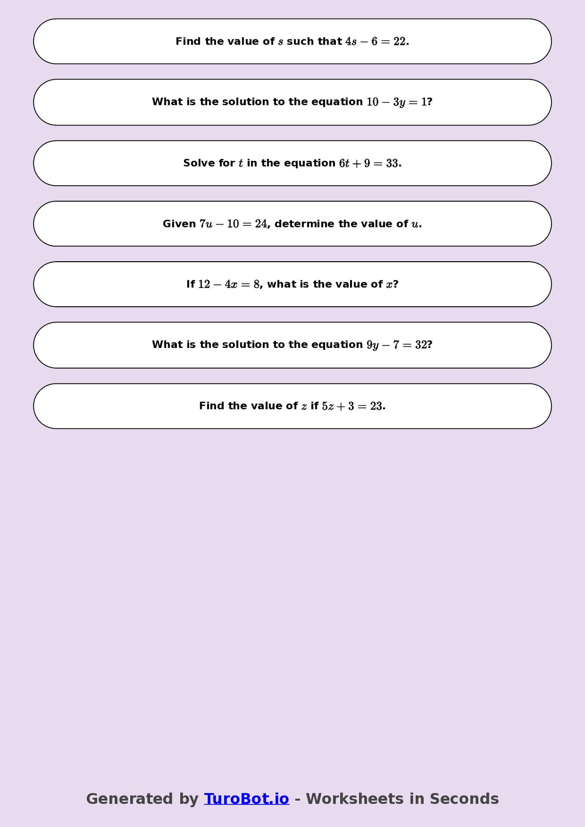 Math - One Step Equations Exercise 9 - Year 7 - Exercise 9